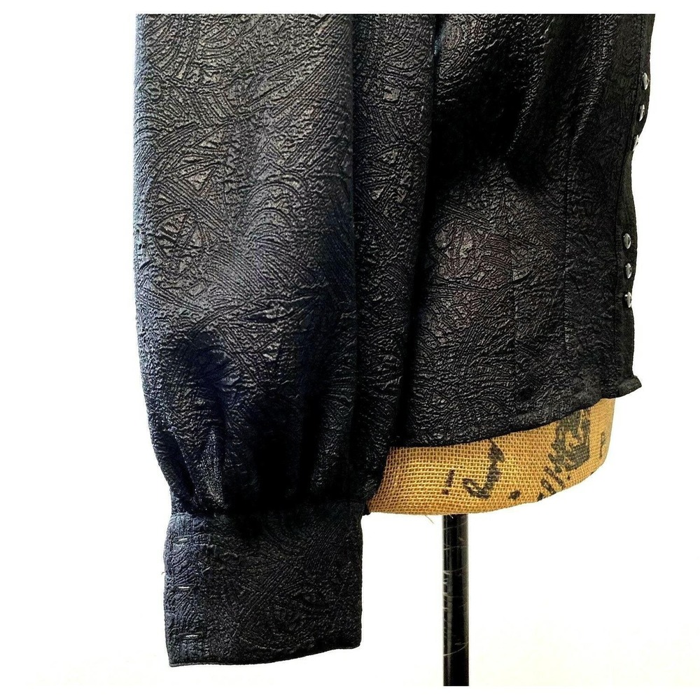 VTG Ship N Shore Blouse 8 Black Embossed Fitted Waist Puff Sl Button Top - Picture 4 of 10